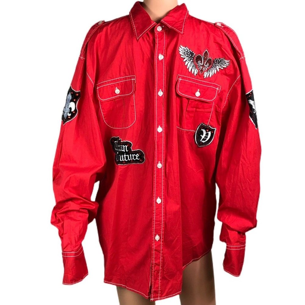Victorious Men's Size 2XL Red Long Sleeve Embellished Wings Button Shirt Fleur